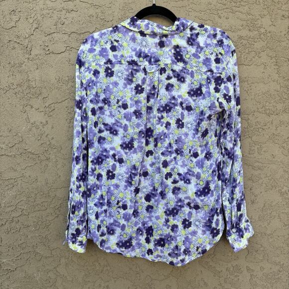Floral Button Down Cotton Blouse, Purple And Lime Green Flowers, Womens Medium - Picture 4 of 4